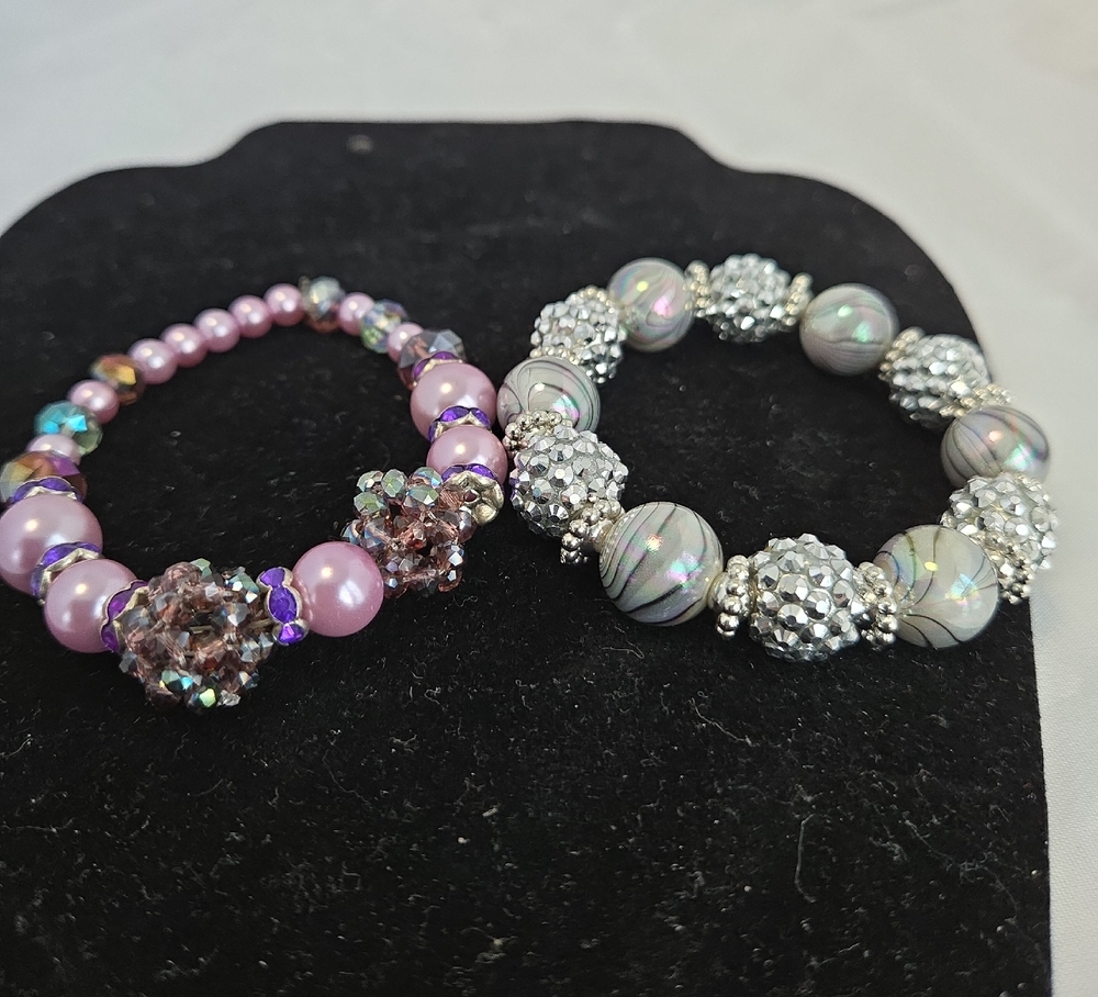 Elegant Beaded Bracelet Set - Purple and Silver